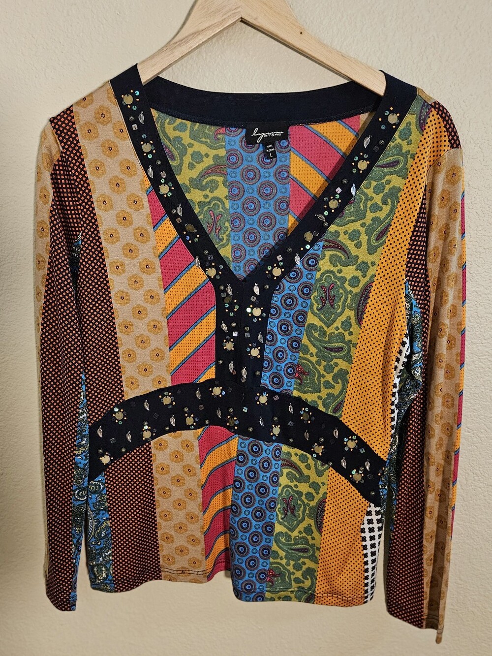 VITAGE LYNN RITCHIE, SILK BLEND ,BEADED PATCHWORK BOHO TOP